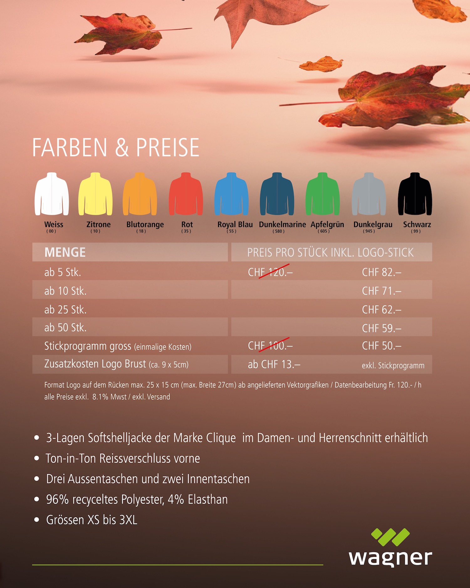 Farben und Preise der Herbstaktion Softshell-Jacken mit Logo bestickt